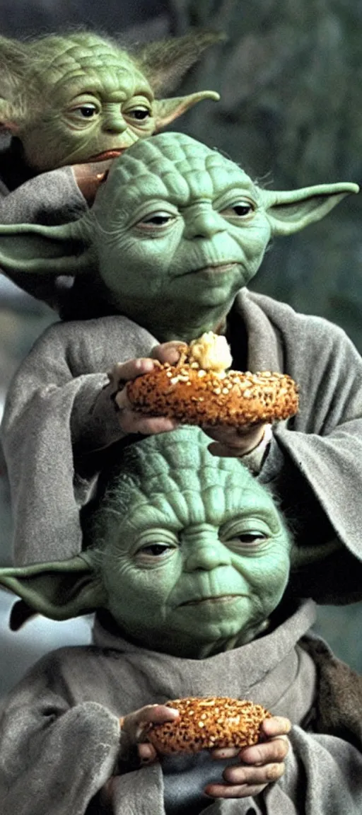 Prompt: Yoda consuming bagels