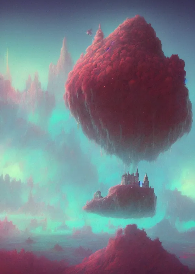 Image similar to an ultra detailed midjourney concept digital art painting of a singular floating island with a castle, flying citadel levitating across space in a misty pearlescent nebula by paul lehr kazumasa uchio situated in a starry expanse of bioluminescent cosmic worlds by beksinski and beeple, ecological art, flying citadel with towers, trending on artstation