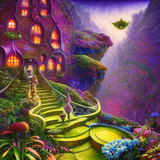 Image similar to cosmic garden ridge nature photography intricate details fantasy art nouveau weird by artgerm, frank gehry, evgeny lushpin, m. c. escher, rhads, john howe, lisa frank, greg rutkowski