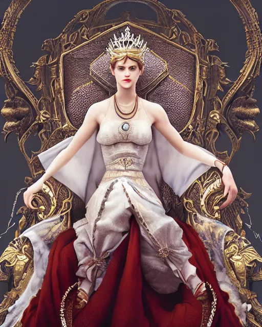 Image similar to character portrait of white queen alexandra daddario with gorgeous detailed eyes sitting on a throne, color page, tankoban, 4 k, tone mapping, doll, akihiko yoshida, james jean andrei riabovitchev marc simonetti, yoshitaka amano, willowy frame