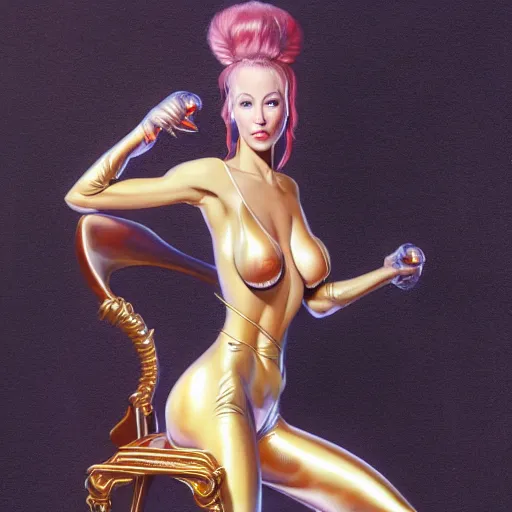 Prompt: airbrush fantasy painting of a nice looking girl with beautiful forms and skin-tight leather leggings sat on a throne with legs spread, in style by hajime sorayama, kyuyong Eom and boris vallejo, trending on artstation, 4K