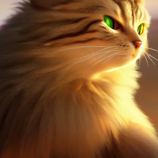 Image similar to colossal fluffy tabby cat going super saiyan, golden hour, fantasy, sharp focus, digital art, hyper realistic, 4 k, unreal engine, highly detailed, hd, dramatic lighting by brom, trending on artstation