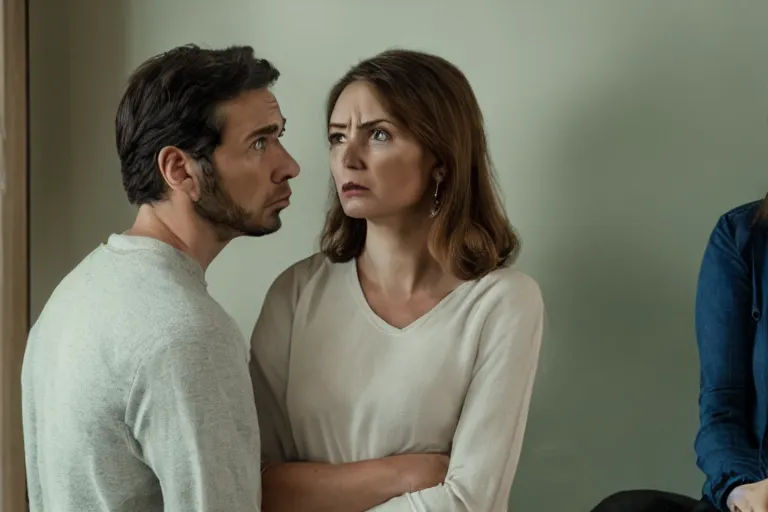 Prompt: film still of a wife looking angrily towards her husband for looking at another woman in the new rom - com