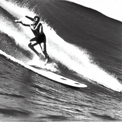 Prompt: An old photo of Hitler surfing at the Hawaii, 1930, black and White, High quality