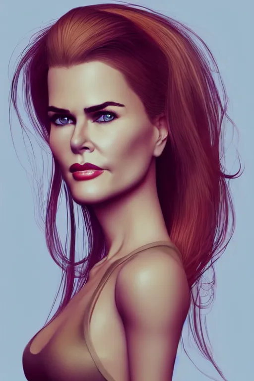 Image similar to mix of beautiful young maria shriver, mariel hemmingway, brooke shields, nicole kidman and elle macpherson as an alien creature, thin lips, hair tied up in a pony tail, dark blonde hair, colorful, artstation, cgsociety