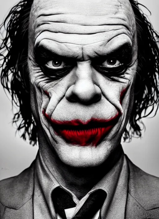 Image similar to photo of Hugo Weaving as the Joker by Lee Jeffries , big smile, head shot, detailed, award winning, Sony a7R