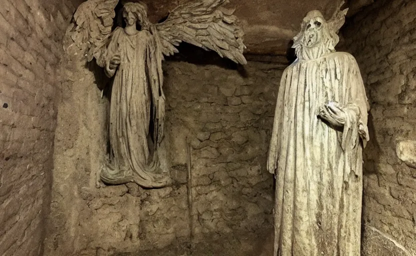 Prompt: several decrepit creepy statues of the archangel gabriel smiling, placed throughout a dark claustrophobic old catacomb, realistic, underexposed photography, security camera footage, wide shot, sinister, foreboding, grainy photo