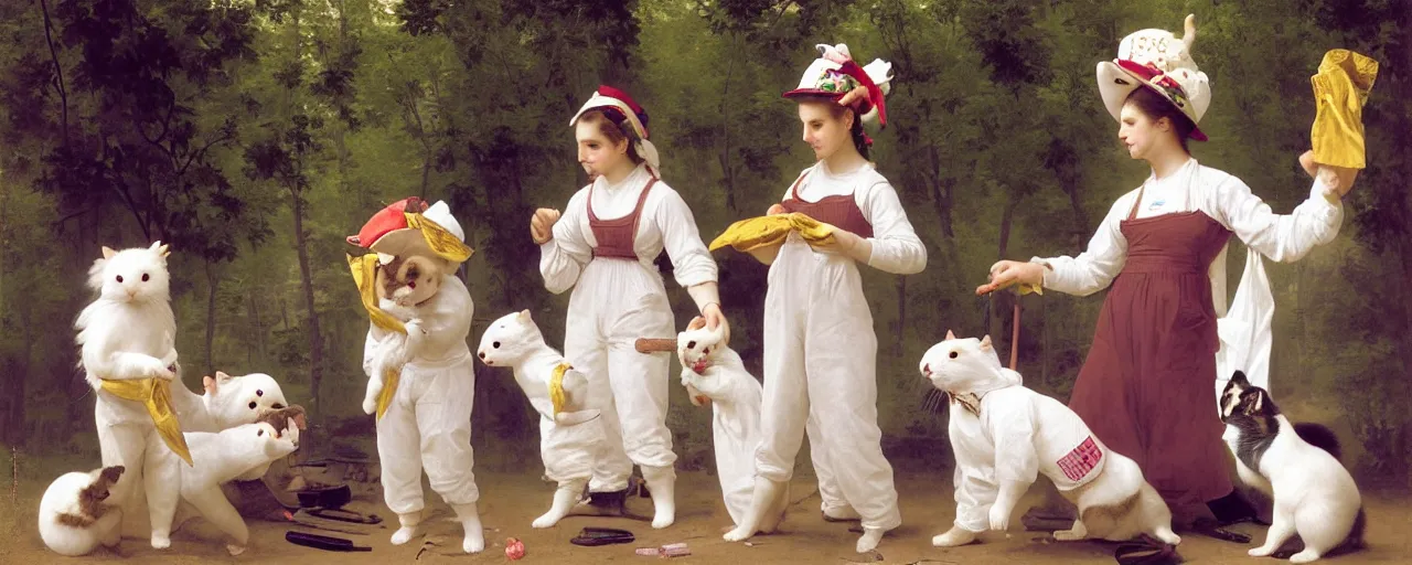 Image similar to A character sheet of full body cute magical ferrets wearing an oversized set of white overalls stained in colorful paints, Short Puffy pants made of cotton, work boots, cat toy accessories all over. Flowing fabric. Golden Ribbon. Covered in stars. Fancy hats. Fluffy Hair. Art by Johannes Helgeson and william-adolphe bouguereau and Paul Delaroche and Alexandre Cabanel and Lawrence Alma-Tadema and WLOP and Artgerm. Fashion Photography. Decora Fashion. harajuku street fashion. Kawaii Design. Intricate, elegant, Highly Detailed. Smooth, Sharp Focus, Illustration Photo real. realistic. Hyper Realistic. Sunlit. Moonlight. Dreamlike. Fantasy Concept Art. Surrounded by clouds. 4K. UHD. Denoise. Stolen Prompt