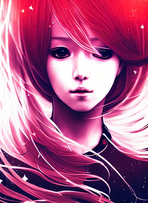 Prompt: highly detailed portrait of a hopeful pretty astronaut lady with a wavy blonde hair, by Ayami Kojima, 4k resolution, nier:automata inspired, bravely default inspired, vibrant but dreary but upflifting red, black and white color scheme!!! ((Space nebula background))