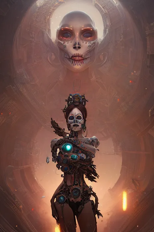 Image similar to ultra detailed female android, scifi, fantasy, octane render, ( dia de los muertos ), asymmetrical, intricate concept art, intricate detailed environment, global illumination, art by godmachine and michael welan and rossdraws and greg rutkowski and alphonse mucha and loish and wlop