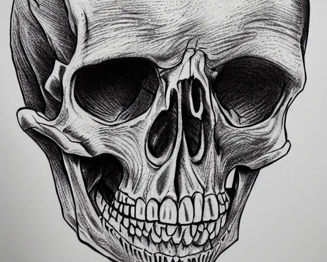 Image similar to Justin Bartlett dotwork biro pen drawing of a skeleton