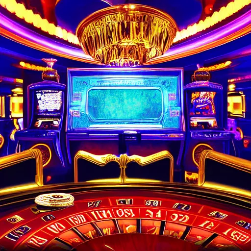 Prompt: Casino party, large and deep room, fruit machines chandeliers, a large carpet dresses the room, luminous projectors, reflections abstract vibes wealth money, trending on artstation