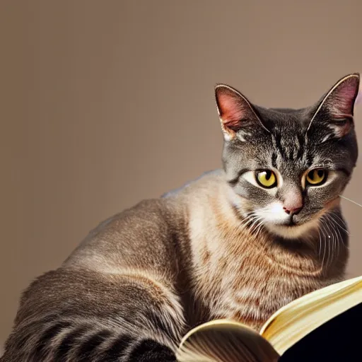 Prompt: a cat reading a book, award winning photo, symmetrical, sharp edges, box of light, blurred background