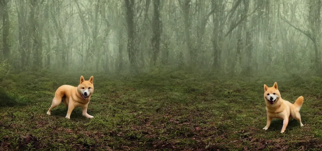 Image similar to a complex organic fractal 3 d metallic symbiotic ceramic humanoid megastructure shiba inu in a swampy lush forest, foggy, cinematic shot, photo still from movie by denis villeneuve