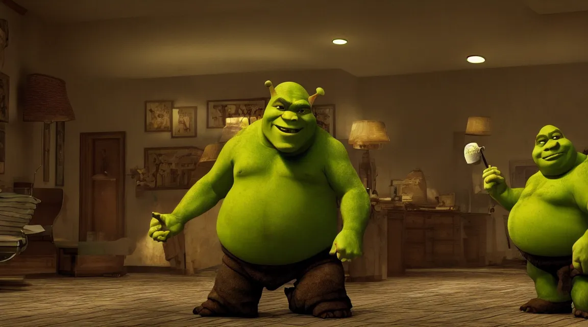 Image similar to Shrek tearing up a hotel room, octane render, epic composition, cinematic lighting, screenshot from pulp fiction