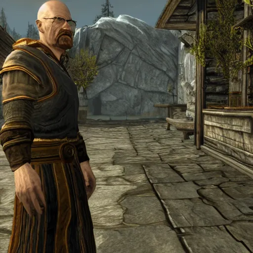 Image similar to screenshot of Walter White as a mage in The Elder Scrolls: Skyrim, pc game, rtx, ray tracing, nvidia geforce experience