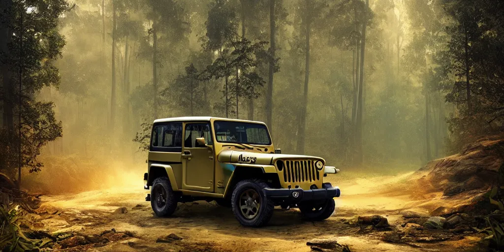 Image similar to willys jeep, in kerala forest road, chasing action scene, an epic fantasy, dramatic lighting, cinematic, establishing shot, extremely high detail, photorealistic, cinematic lighting, matte painting, artstation, by simon stalenhag, horizon forbideen west