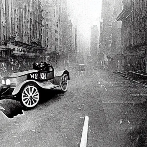 Prompt: old black and white photo, 1 9 1 3, depicting batman's batmobile from dark knight rampaging through the bustling streets of new york city, rule of thirds, three - point perspective, historical record
