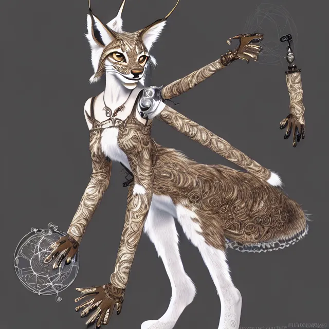 Image similar to the portrait of anthropomorphic lynx fursona wearing a steampunk dress as unimaginably beautiful, gorgeous, elegant, young lynx, an ultrafine hyperdetailed illustration by hioshiru, intricate linework, white fur, unreal engine 5 highly rendered, global illumination, radiant light, detailed and intricate environment