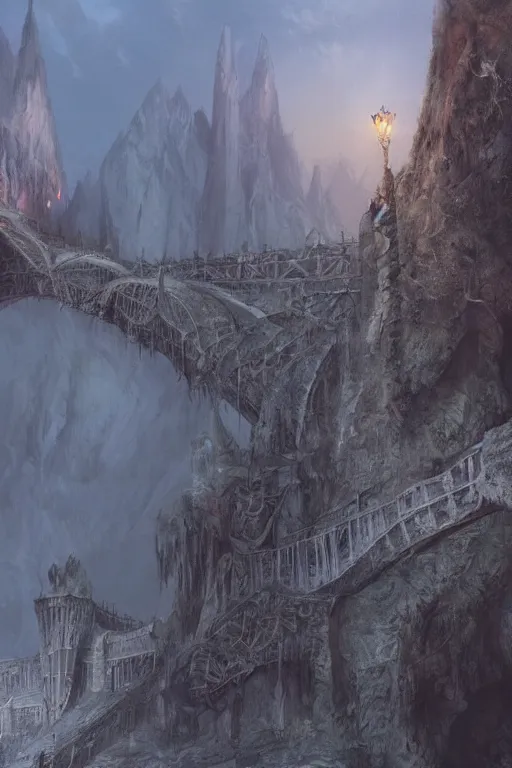Image similar to Moria The Bridge of Khazad-dûm in the evening, detailed matte painting, cinematic, Alan Lee, Artstation
