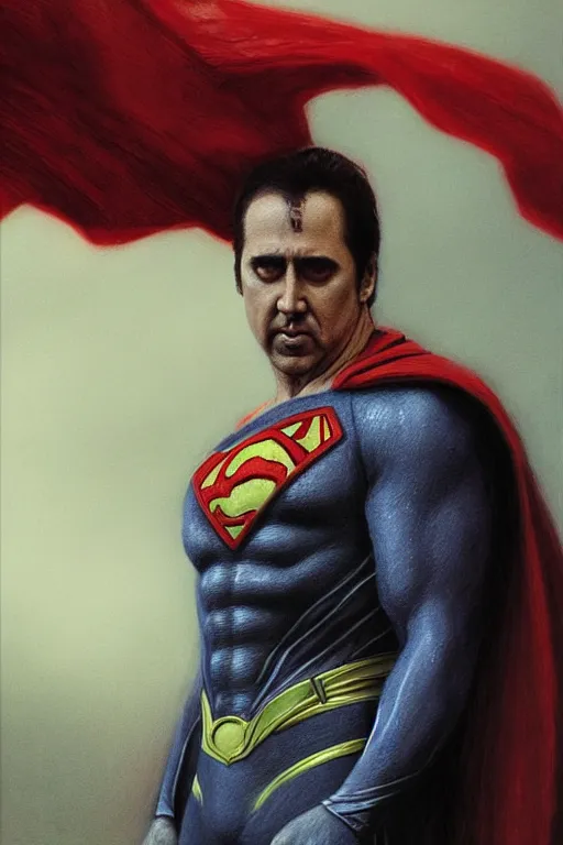 Image similar to Portrait of Nicolas Cage as superman, DC, dark fantasy, intricate, smooth, artstation, painted by Wayne Barlowe, Greg Rutkowski, Zdislav Beksinski