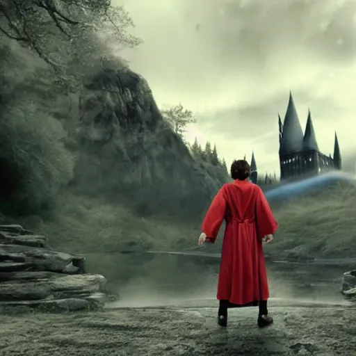 Image similar to Harry potter standing and holding a short wand, magic aura, side view, thunderclouds, cinematic shot, wide shot, epic scale, waving robe movement, photorealistic detail and quality, intricate ground stone, magical sigils, floating particle effects, movie still, nighttime, crescent moon, sharp and clear, action shot, intense scene, visually coherent, symmetry, rule of thirds, movement, photorealistic colors, cool colors transitioning to warm colors, modest tone, award winning, directed by Steven Spielberg, Christopher Nolan, Tooth Wu, Asher Duran, artstation