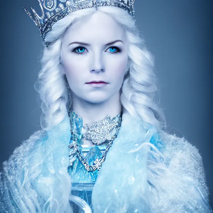 Image similar to professional photograph of a beautiful!! ice queen with intricate crown and cloak, sitting on an icy throne. Extremely detailed. 8k