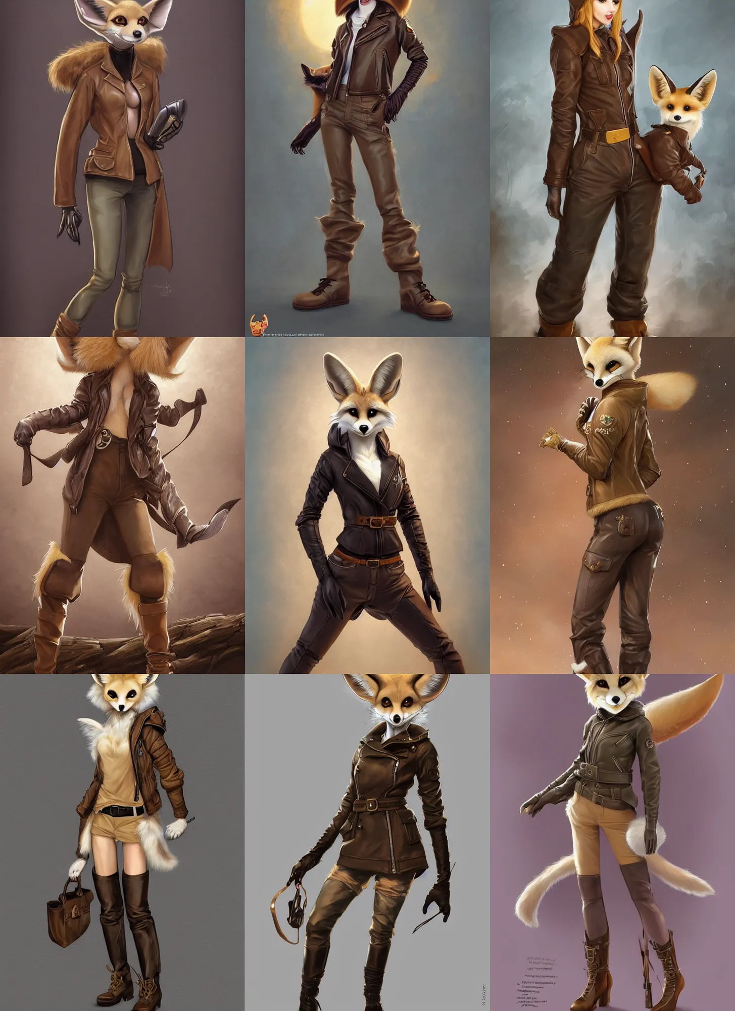 Prompt: beautiful portrait of a female anthropomorphic furry fennec fox fursona. leather jacket. leather gloves. leather boots. leather belt. khaki cargo pants. character art by stanley artgerm lau, wlop, rossdraws, james jean, andrei riabovitchev, marc simonetti, and sakimichan, trending on artstation