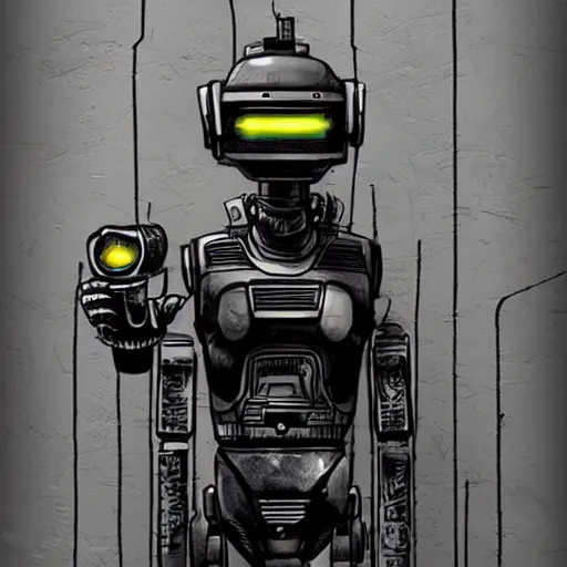 Image similar to chappie robot color graffiti, black and white zef design graffiti covering the wall behind, dark lighting, digital art, beautiful, cinematic, artstation