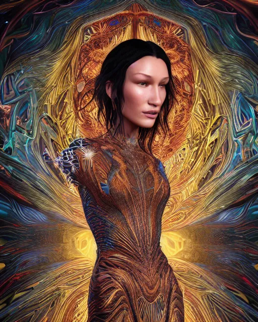 Image similar to a highly detailed metahuman 8 k close up render of bella hadid as alex grey art renaissance in iris van herpen dress in style of gustav klimt trending on artstation made in unreal engine 4