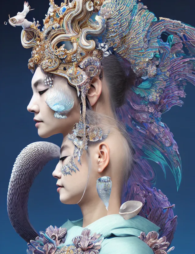 Image similar to 3 d goddess close - up profile portrait with crown, ram skull. beautiful intricately detailed japanese crow kitsune mask and clasical japanese kimono. betta fish, jellyfish phoenix, bio luminescent, plasma, ice, water, wind, creature, artwork by tooth wu and wlop and beeple and greg rutkowski