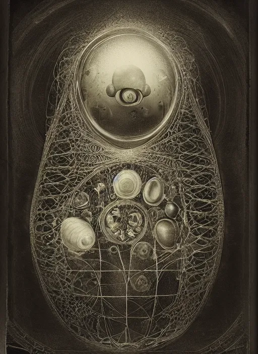 Image similar to old wetplate daguerreotype birth of artificial futuristic embryo life, fractal, intricate, elegant, highly detailed, parallax, leica, medium format, subsurface scattering, by jheronimus bosch and greg rutkowski and louis jacques mande daguerre