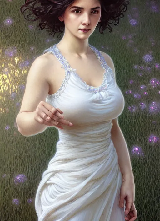 Image similar to full body portrait of a woman posing, short wavy hair, round face, intricate white dress, cottagecore!!, inside water, intricate, enlightened, highly detailed, digital painting, artstation, concept art, smooth, sharp focus, illustration, art by artgerm and greg rutkowski and alphonse mucha