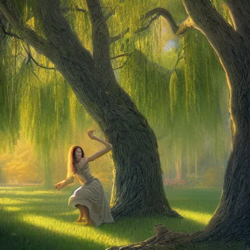 Prompt: photorealistic maiden standing under a willow tree in the style of thomas kinkade and greg rutkowski. hyperdetailed photorealism by michael whelan, 1 0 8 megapixels, 1 0 k resolution, cinematic lighting