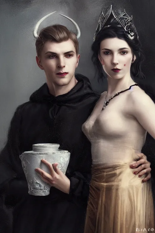 Image similar to a portrait of handsome young male nordic Satan wearing a crown and his elegant beautiful nordic cultist wife dressed in black, bored, illustration, dramatic lighting, soft details, painting oil on canvas, art nouveau, octane render, HDR, 4k, 8k, HD, by Edmund Blair Leighton, Brom, Charlie Bowater, trending on artstation, faces by Tom Bagshaw, Sargent