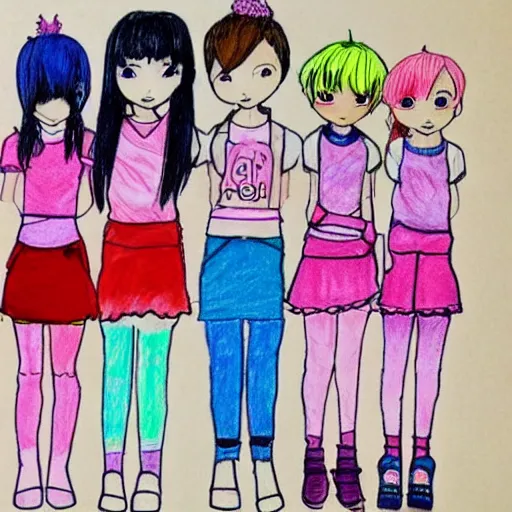 Prompt: a children's drawing of a fairy kei kpop girl band