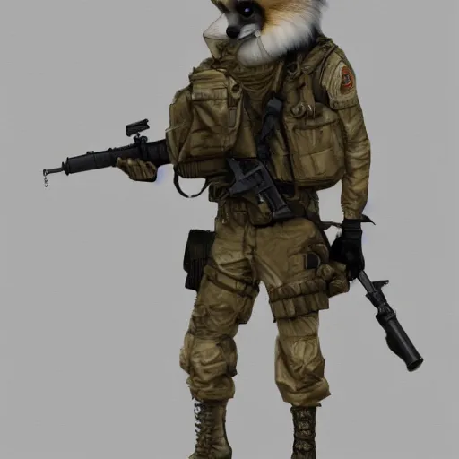 Prompt: full view fluffy fennec fox dressed in a modern american military soldier uniform, fennec fox head, in apocalyptic wasteland, portrait, artstation