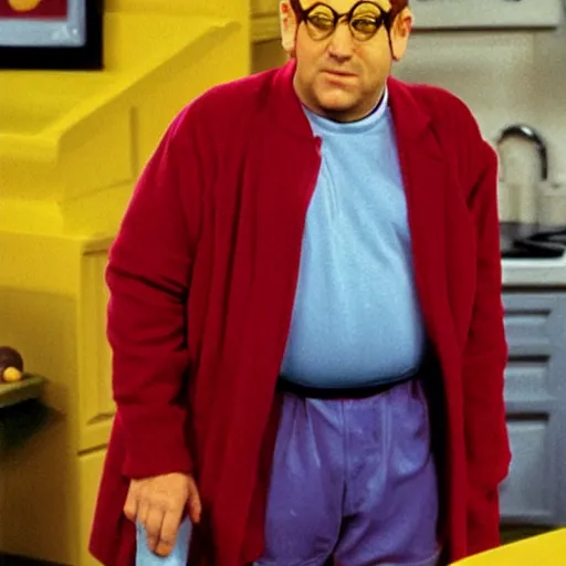 Prompt: george costanza as the yellow m & m character, tv still
