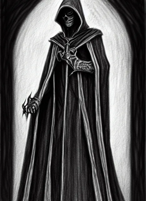 Image similar to pencil ultradetailed sketch of the necromancer, wearing a black cloak, crisp