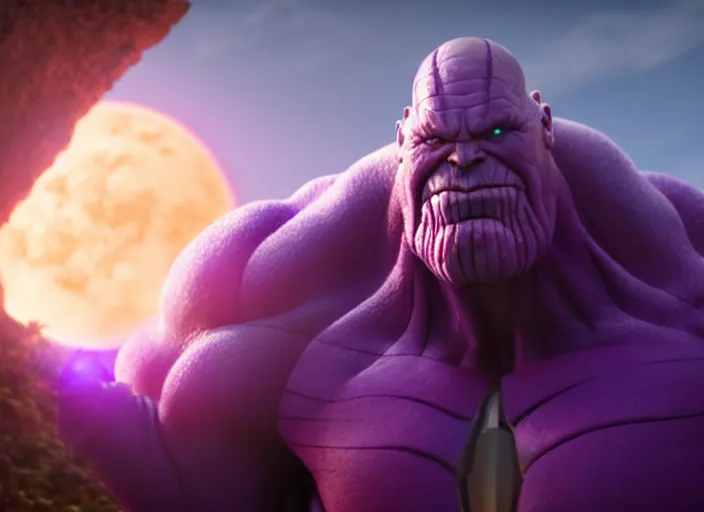 Image similar to animation portrait of thanos, studio ghibli, pixar and disney animation, sharp, rendered in unreal engine 5, clear sky, anime key art by greg rutkowski, bloom, dramatic lighting