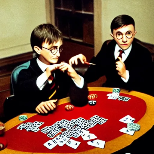 Prompt: harry potter and adolf hitler playing poker