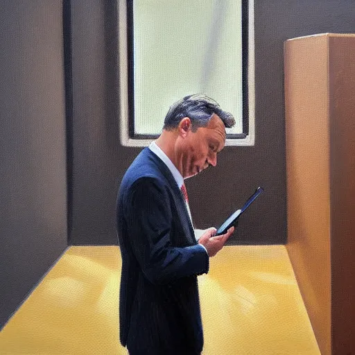 Image similar to viktor orban playing on his phone in a cubicle, oil painting