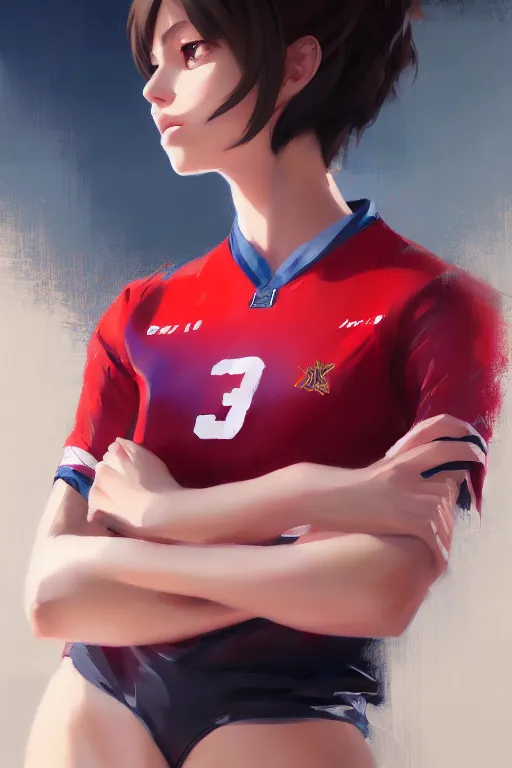 Prompt: a ultradetailed beautiful panting of a stylish woman wearing a volleyball jersey, detailed face, oil painting, by ilya kuvshinov, greg rutkowski and makoto shinkai