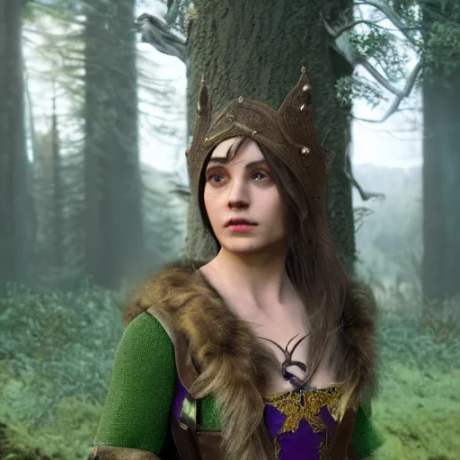 Image similar to anya charlota as a medieval fantasy tolkien elf, dark purplish hair tucked behind ears, wearing a green tunic with a fur lined collar and brown leather armor, wide, muscular build, scar across nose, one black, scaled arm, cinematic, character art, digital art, forest background, realistic. 8 k, 3 d render, detailed.