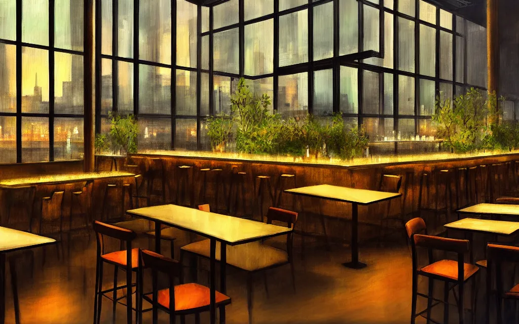 Image similar to loft lounge with tall windows, few people, city in background, bar counter with bartender and few chairs nearby, sparse plants, dim painterly lighting volumetric aquatics, impasto. drawn by feng zhu