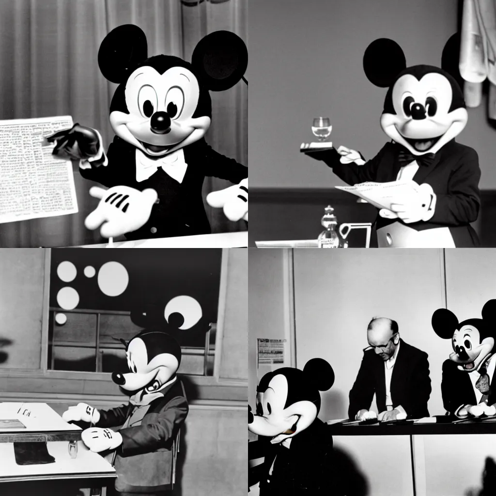 Prompt: Mickey Mouse presenting his proof of the Riemann Hypothesis in a conference, black and white photography, archive