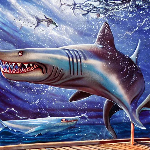 Prompt: full - color photorealistic fantastical oil - painting of : an anthropomorphic muscular male humanoid - hybrid shark - monster is terrorizing workers on the deck of a commercial fishing boat. the shark - monster is wearing swim - trunks. highly - quality, highly - detailed professional artwork.