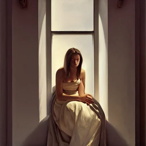 Image similar to natural, aesthetic by joel rea, by jeff wall, by josef capek. a experimental art of a beautiful young woman seated at a window, looking out at the viewer with a serene expression on her face. the light from the window illuminates her features & creates a warm, inviting atmosphere. the essence of beauty & tranquility.