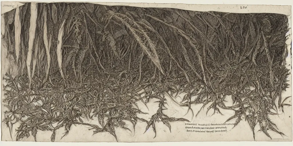 Image similar to high resolution scan of the pages of an old and alien herbarium, by john howe