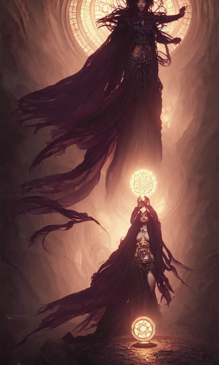 Image similar to Necromancer Sorceress in center, fantasy magic, undercut hairstyle, dark light night, intricate, elegant, sharp focus, illustration, highly detailed, digital painting, concept art, matte, art by WLOP and Artgerm and Greg Rutkowski and Alphonse Mucha, masterpiece